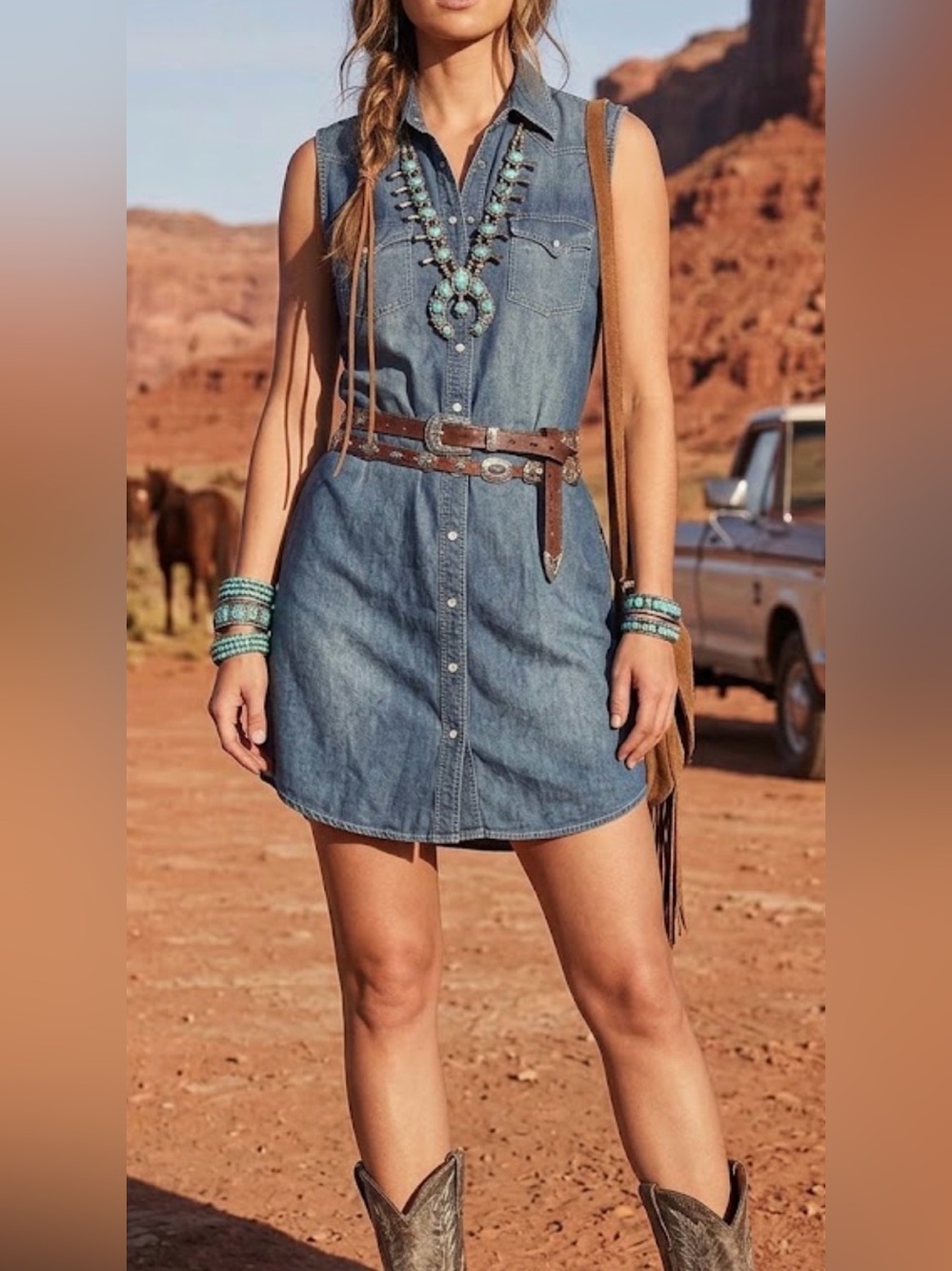 Cowgirl justice western Sleeveless Denim Button-Down Shirt Dress M boho rodeo